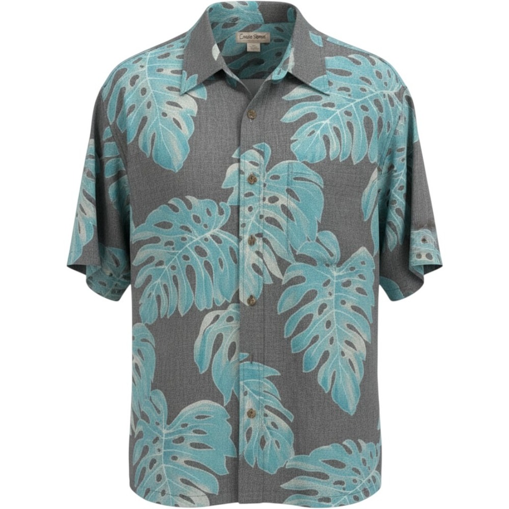 Cooke Street Honolulu Mens Medium Grey Teal Monstera Leaf Print Cotton Shirt
